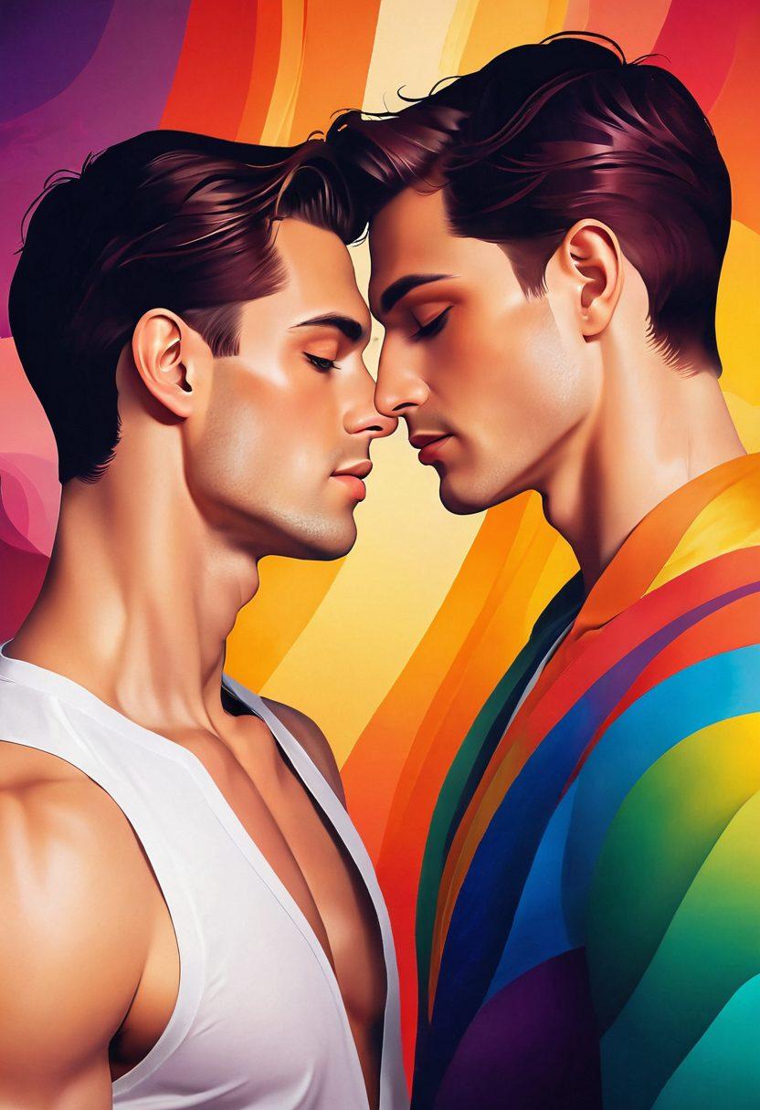 A captivating scene illustrating two charismatic men sharing an intimate moment, surrounded by soft lighting that enhances the seductive atmosphere. In the background, abstract shapes and gentle curves convey the essence of fantasy, while subtle hints of nature add a sense of allure. Integrate elements that suggest a connection to gay culture, such as rainbow motifs. The overall color palette should be warm and inviting, with a touch of sensuality. vector art. vibrant colors. soft focus.
