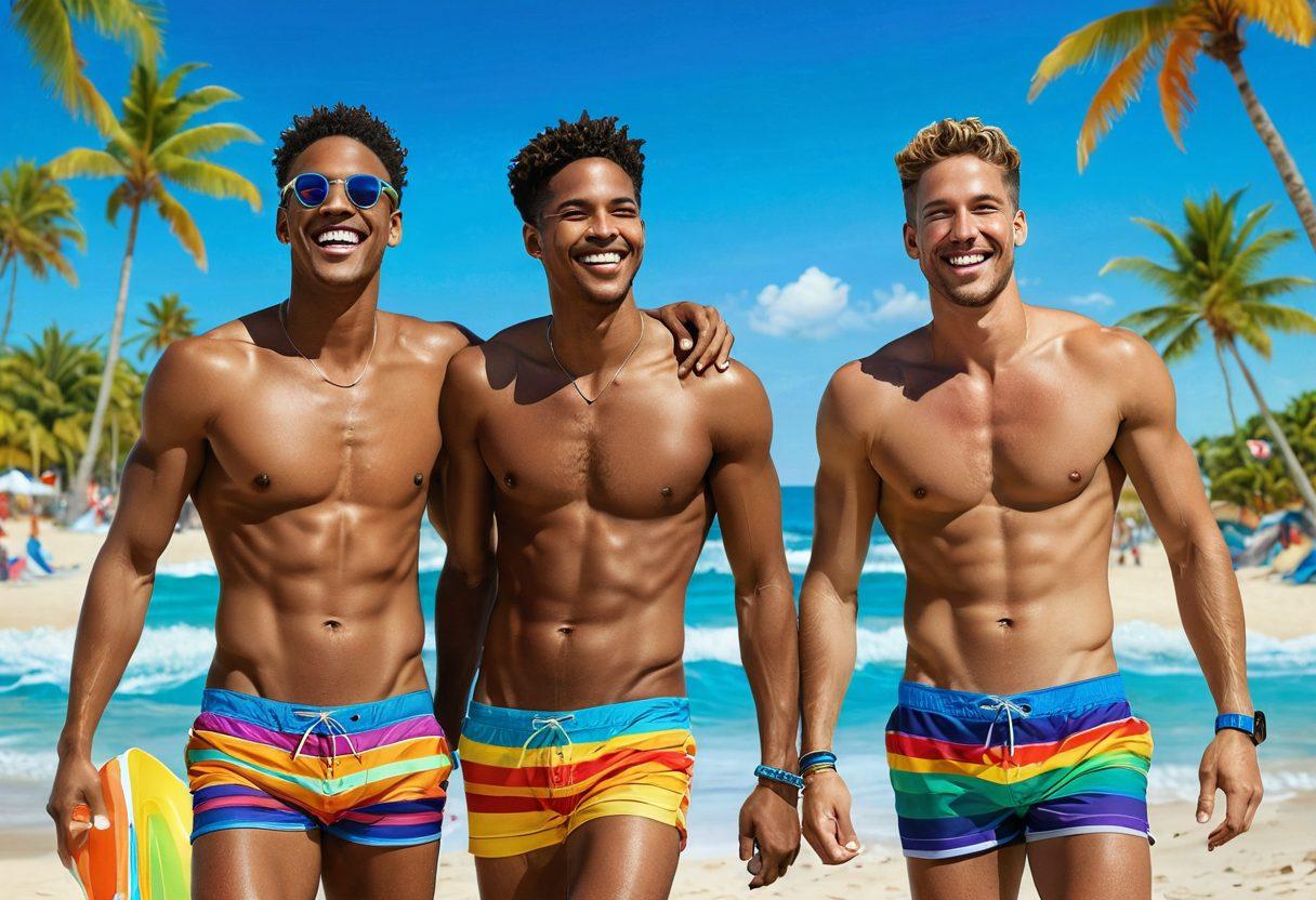 A vibrant beach scene depicting male friends in colorful, stylish swimwear, laughing and bonding in the sun. Include subtle hints of LGBTQ+ symbols like rainbow motifs in their accessories. The background features a clear blue sky and gentle waves, creating a warm, inviting atmosphere that celebrates connection and freedom. super-realistic. vibrant colors. sunny beach setting.